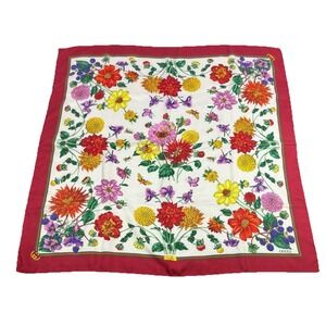 GUCCI Flora Silk Scarf Red Floral Print Italy 34" Square Stripe‎ Colorful FLAW